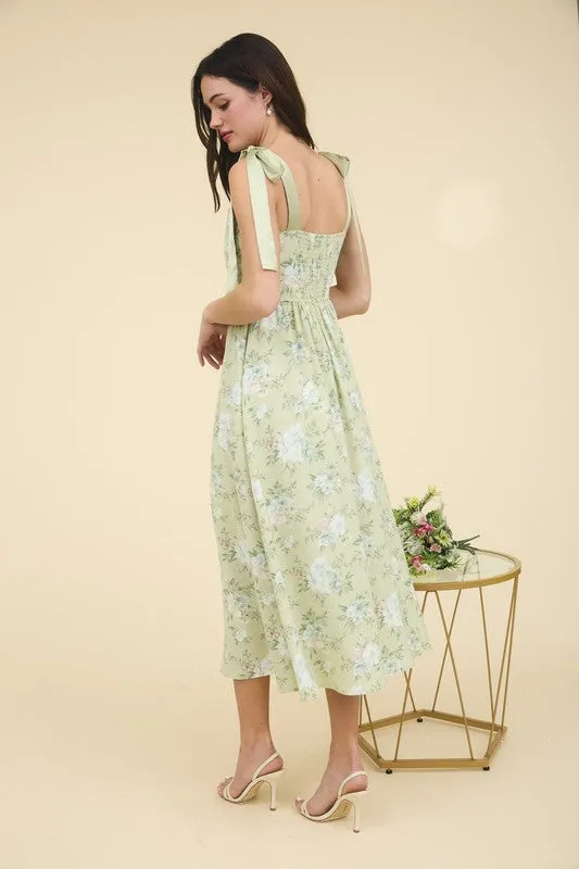 FLORAL CORSET DETAIL TIE STRAP MIDI DRESS