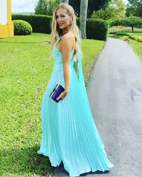 Formal Wear Dresses Blue One Shoulder A-Line Pleated Long Party Dress Evening Dress Prom Dresses Shops Formal Women's Dresses
