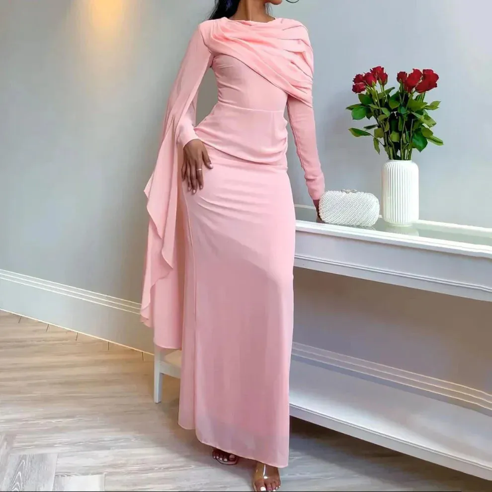 Formal Wear Dresses Pink Chiffon Pleated Long Sleeves Modest Evening Dress Stores With Prom Dresses Formal Women's Dresses