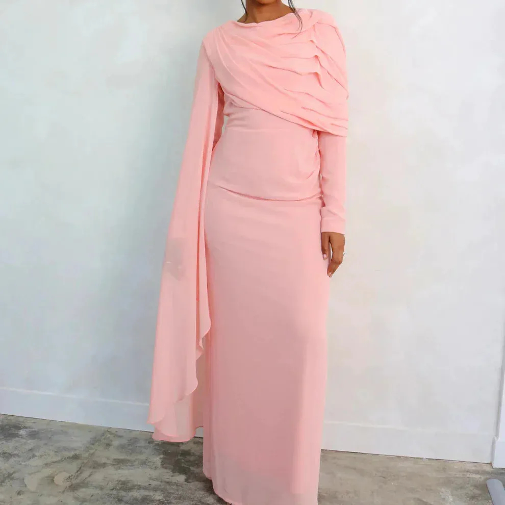 Formal Wear Dresses Pink Chiffon Pleated Long Sleeves Modest Evening Dress Stores With Prom Dresses Formal Women's Dresses