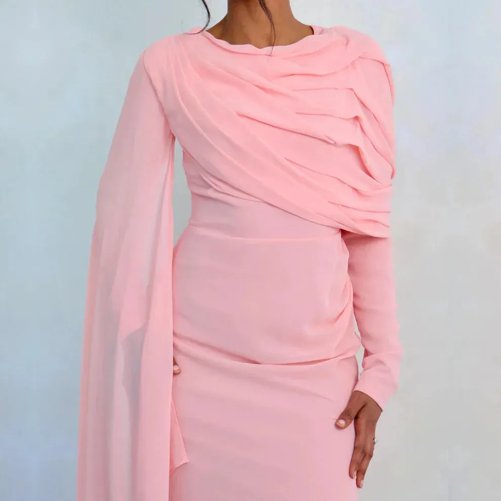 Formal Wear Dresses Pink Chiffon Pleated Long Sleeves Modest Evening Dress Stores With Prom Dresses Formal Women's Dresses
