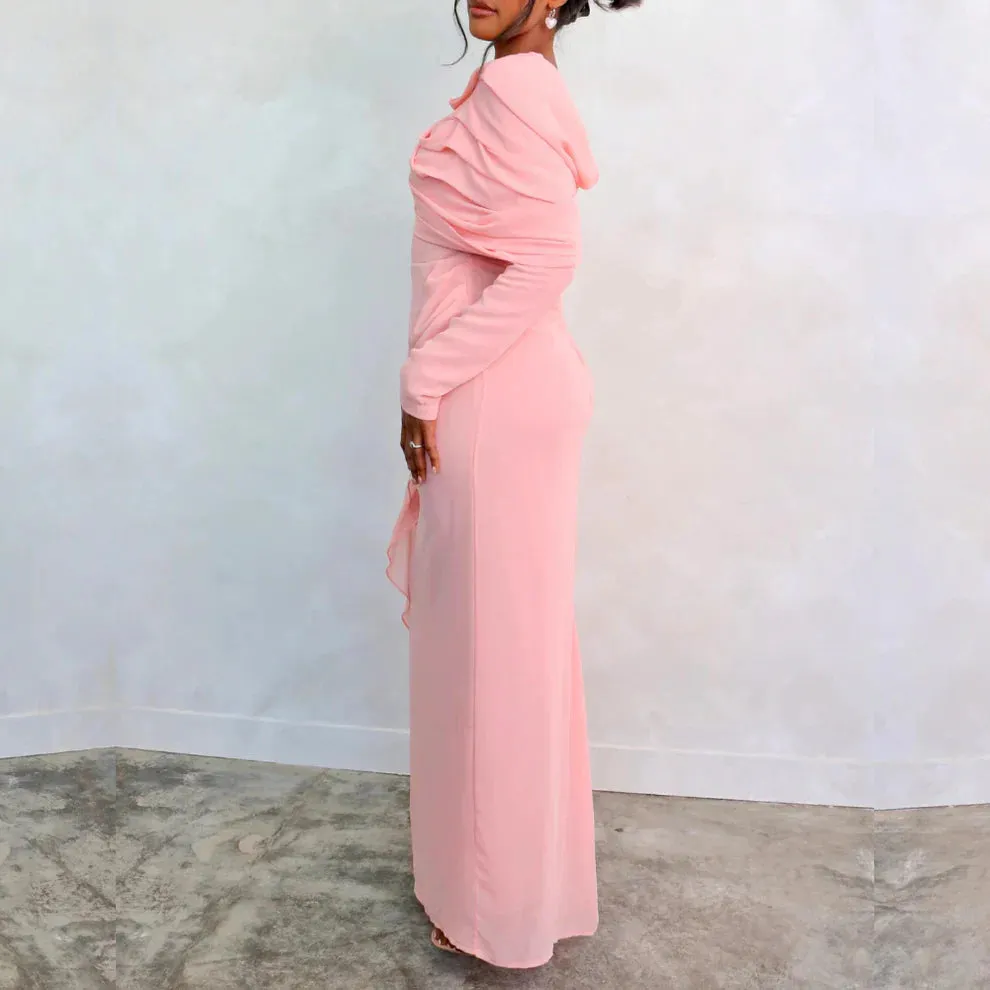 Formal Wear Dresses Pink Chiffon Pleated Long Sleeves Modest Evening Dress Stores With Prom Dresses Formal Women's Dresses