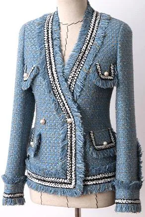 Fringed Tweed Jacket, Blue