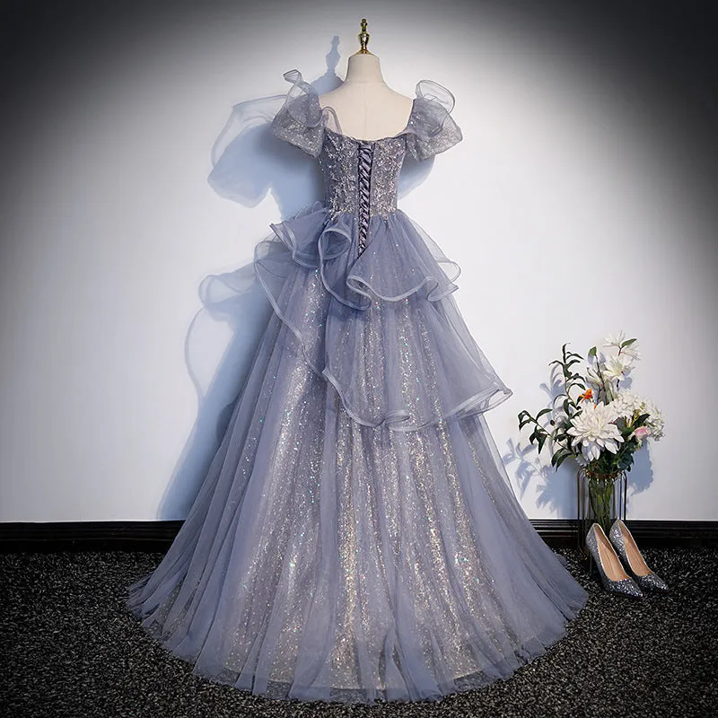 Gray A Line Shiny Prom Dress Puff Sleeves Formal Evening Dress Sweet Party Dress 583