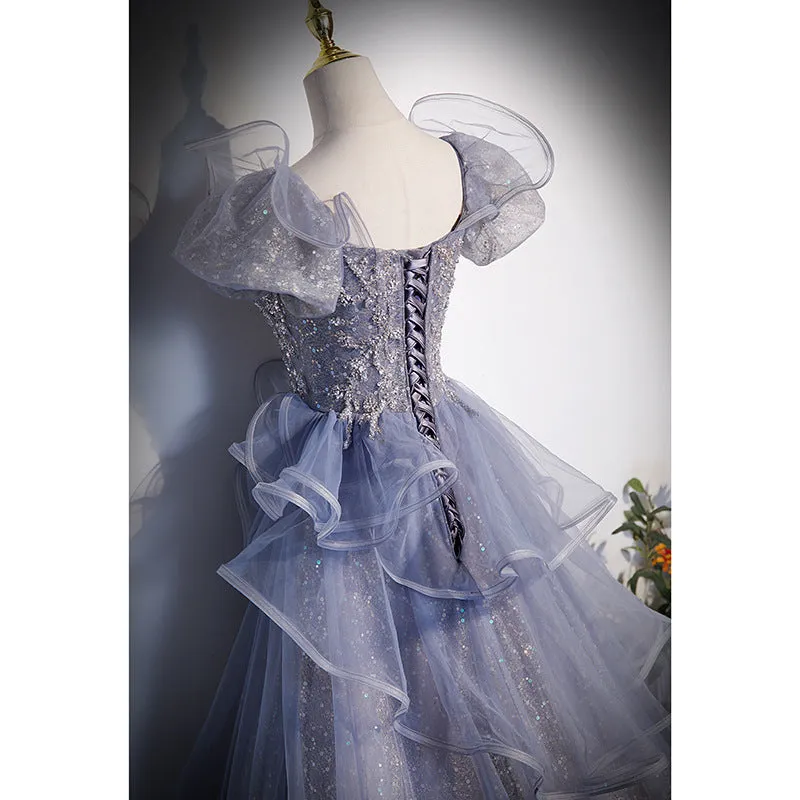 Gray A Line Shiny Prom Dress Puff Sleeves Formal Evening Dress Sweet Party Dress 583
