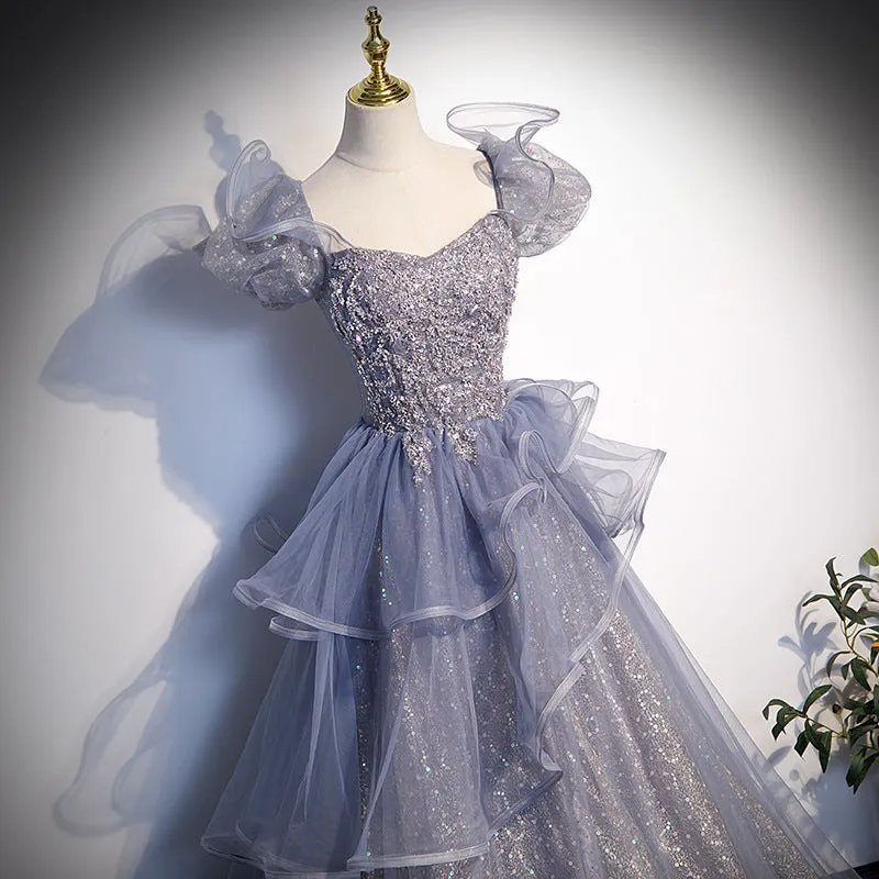Gray A Line Shiny Prom Dress Puff Sleeves Formal Evening Dress Sweet Party Dress 583