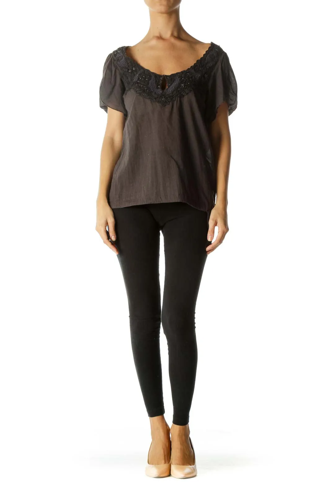 Gray Lace-Trimmed Peasant Top