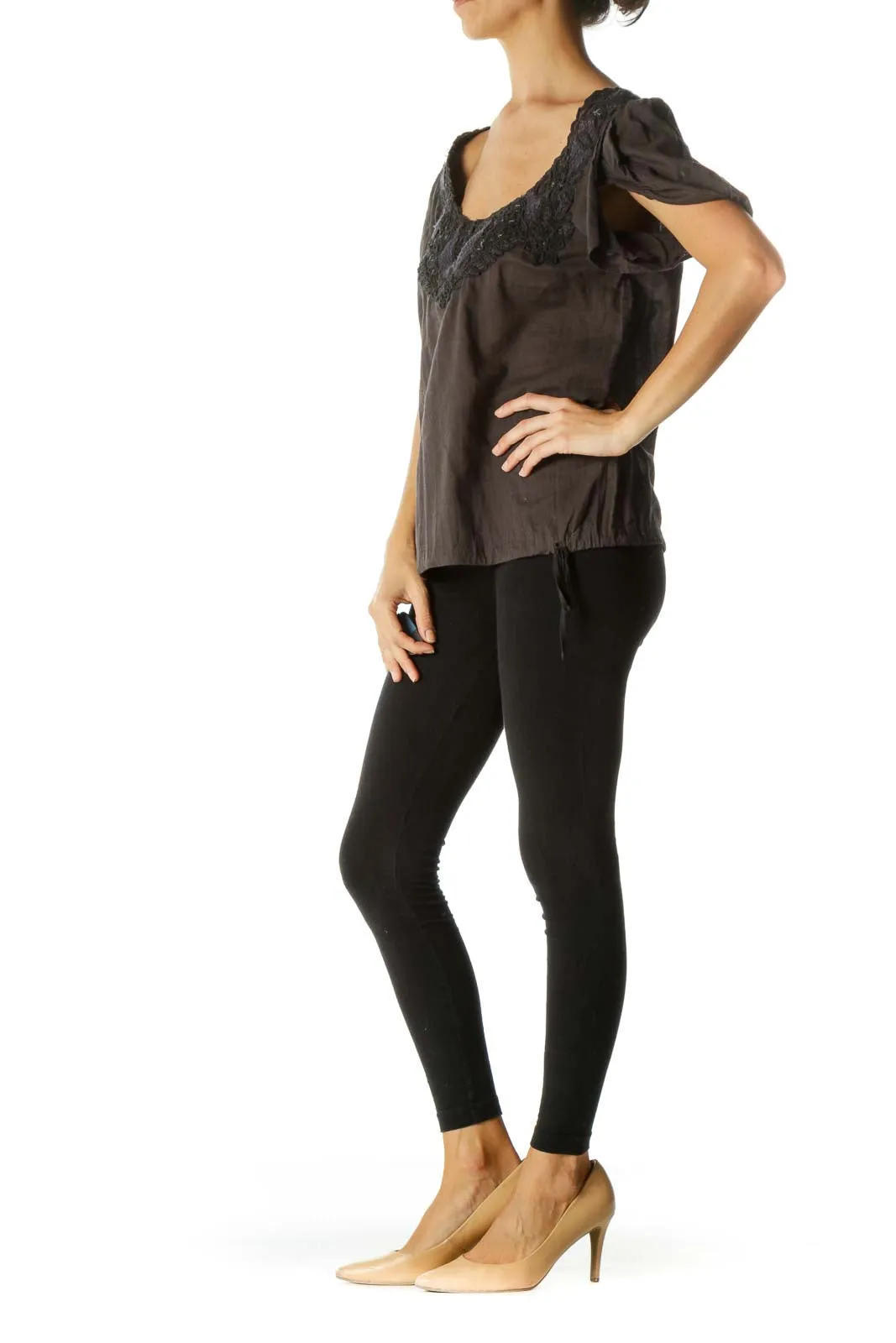 Gray Lace-Trimmed Peasant Top