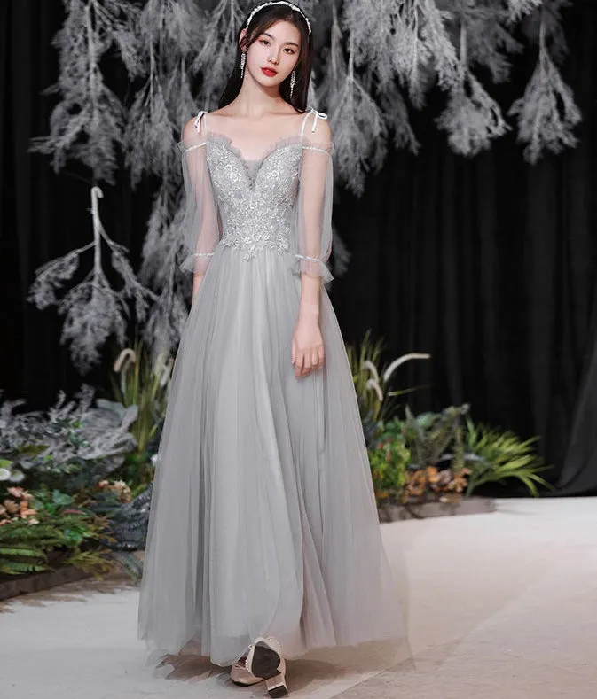 Gray Tulle Long Prom Dress A Line Bridesmaid Dress Formal Evening Gown Party Dress 554
