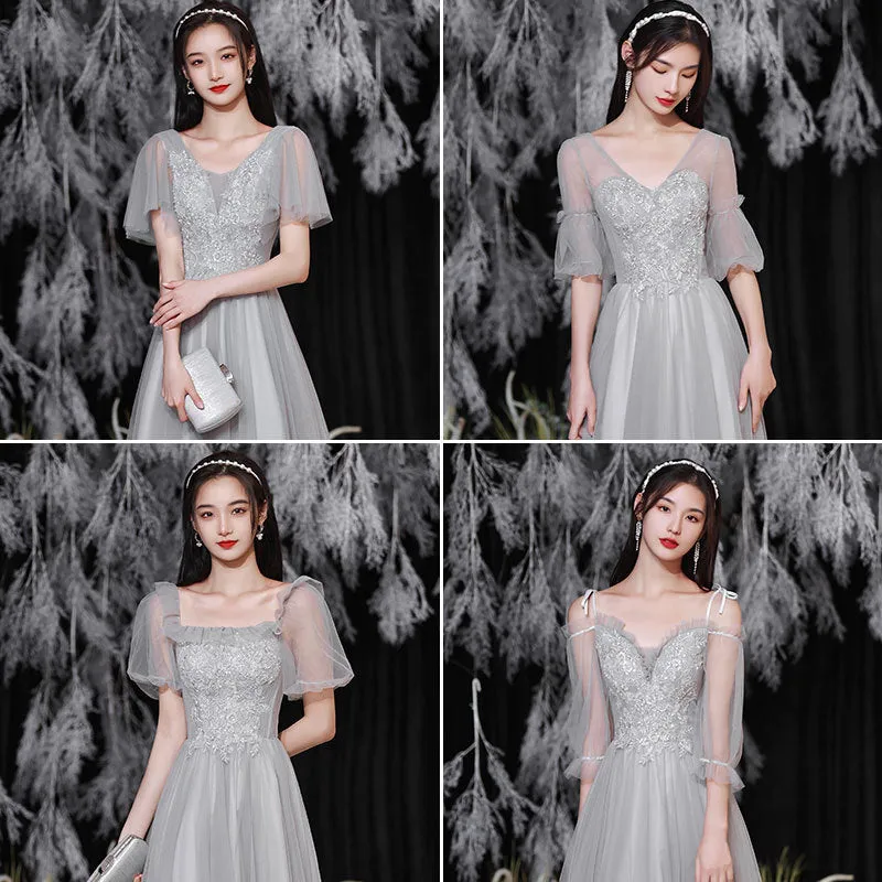 Gray Tulle Long Prom Dress A Line Bridesmaid Dress Formal Evening Gown Party Dress 554