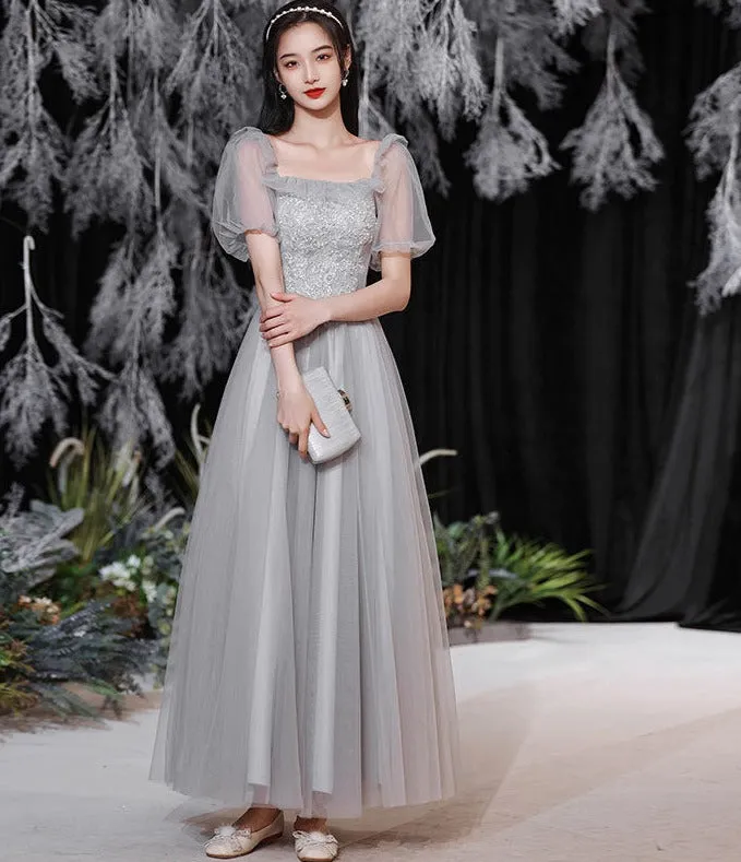 Gray Tulle Long Prom Dress A Line Bridesmaid Dress Formal Evening Gown Party Dress 554