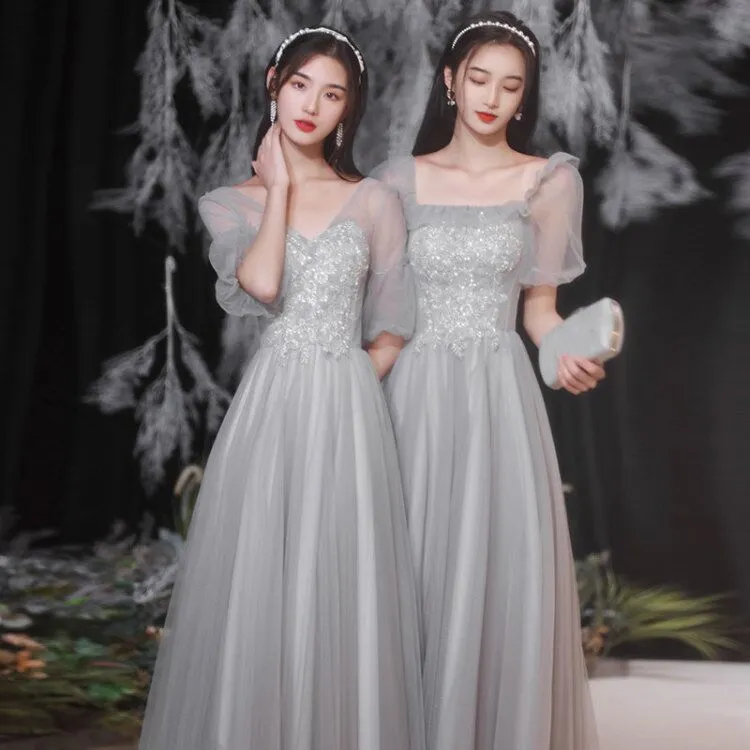 Gray Tulle Long Prom Dress A Line Bridesmaid Dress Formal Evening Gown Party Dress 554