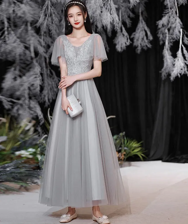 Gray Tulle Long Prom Dress A Line Bridesmaid Dress Formal Evening Gown Party Dress 554