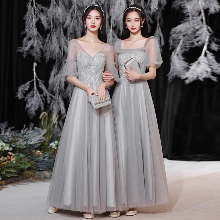 Gray Tulle Long Prom Dress A Line Bridesmaid Dress Formal Evening Gown Party Dress 554
