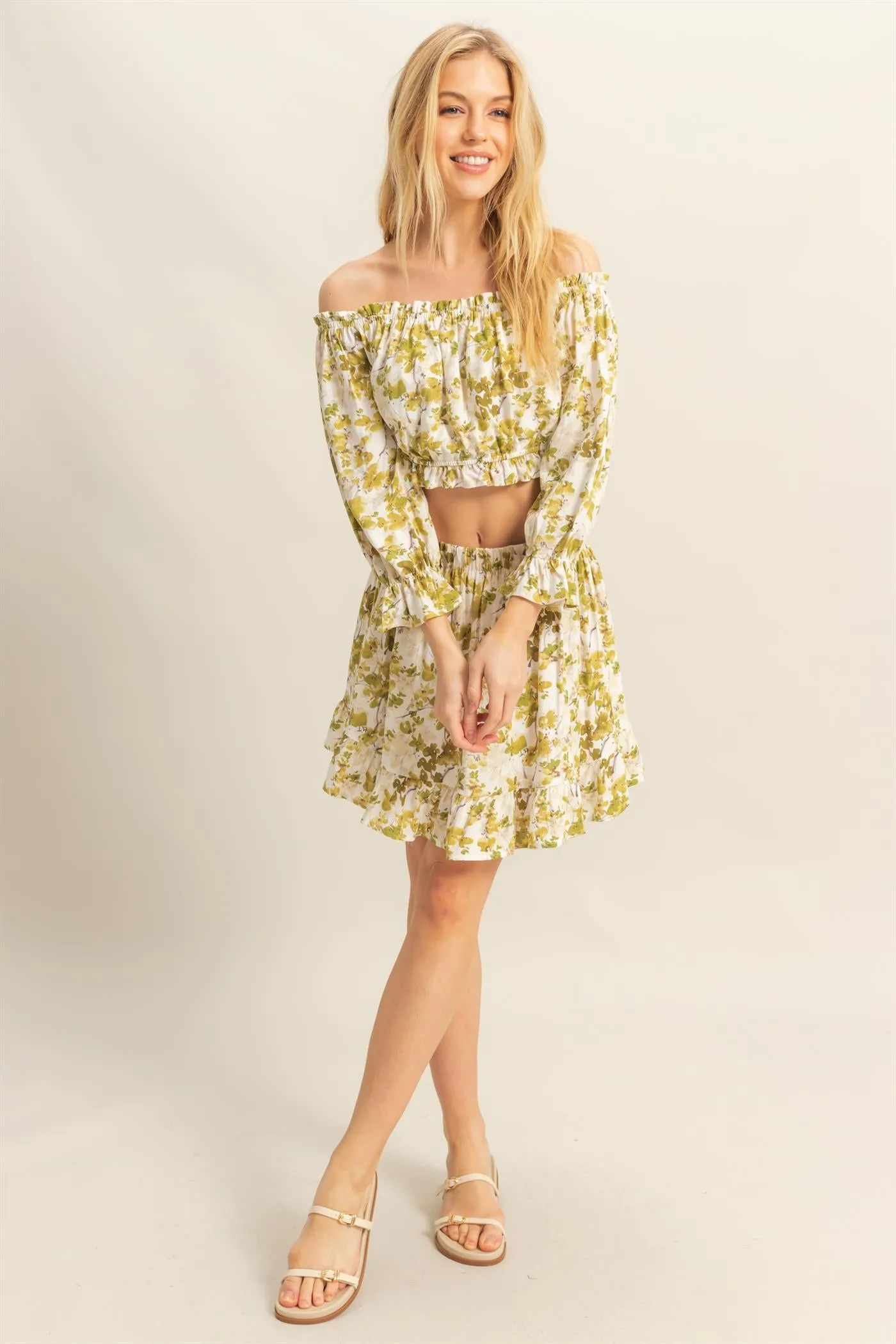 HF25A183-SET-Floral Print Top And Skirts Set