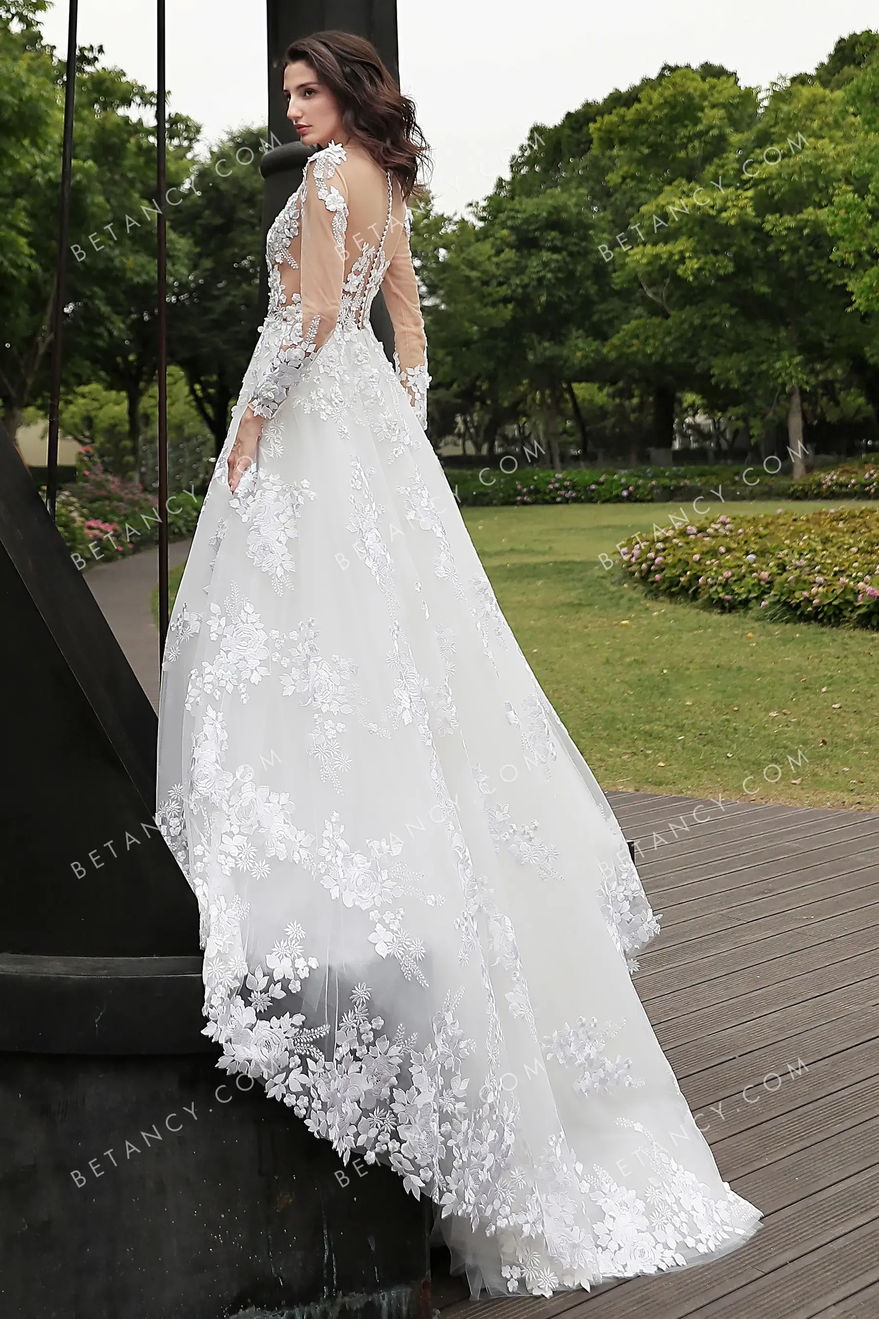 Illusion 3D Lace Flowers Luxuriant Wedding Ball Gown