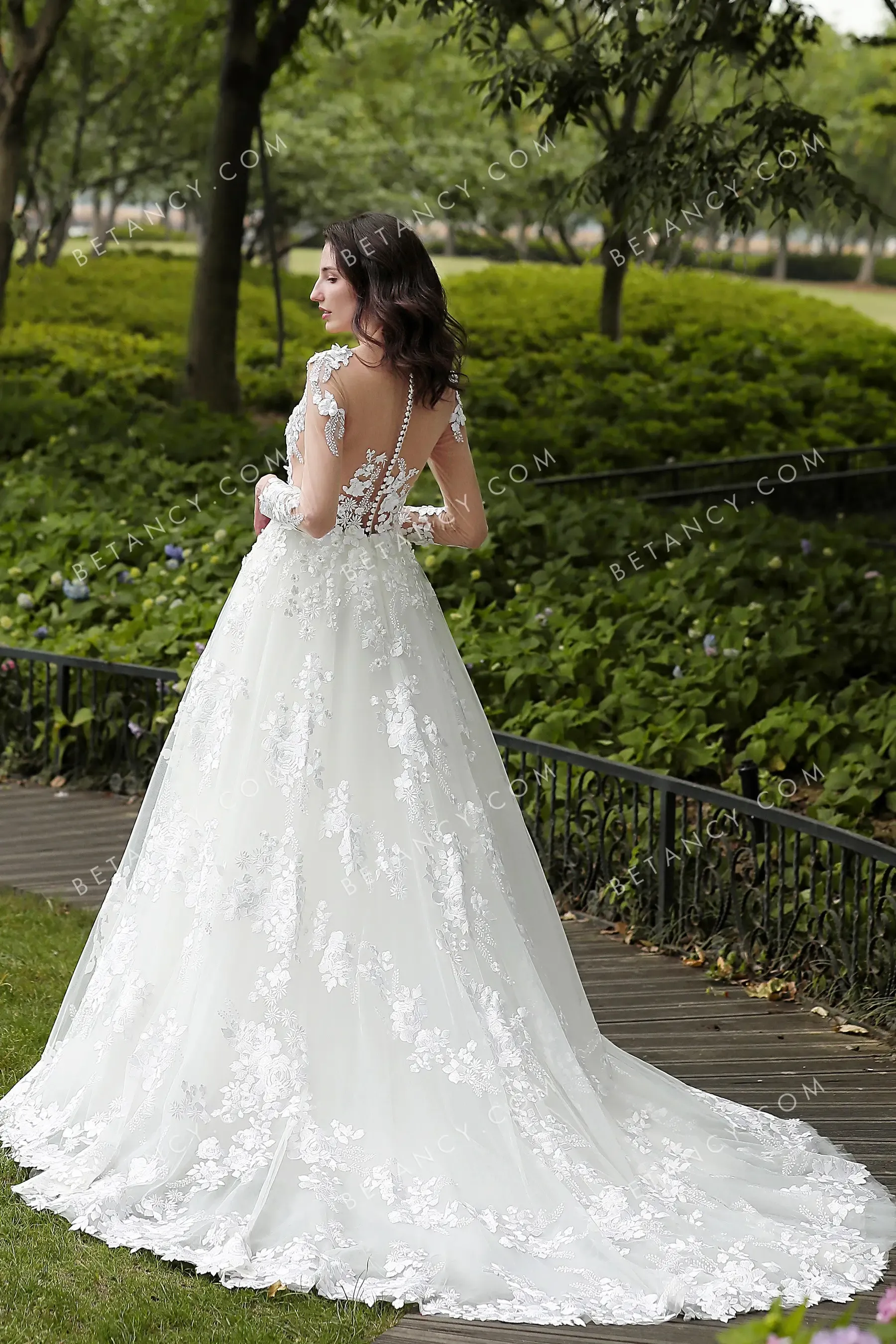 Illusion 3D Lace Flowers Luxuriant Wedding Ball Gown