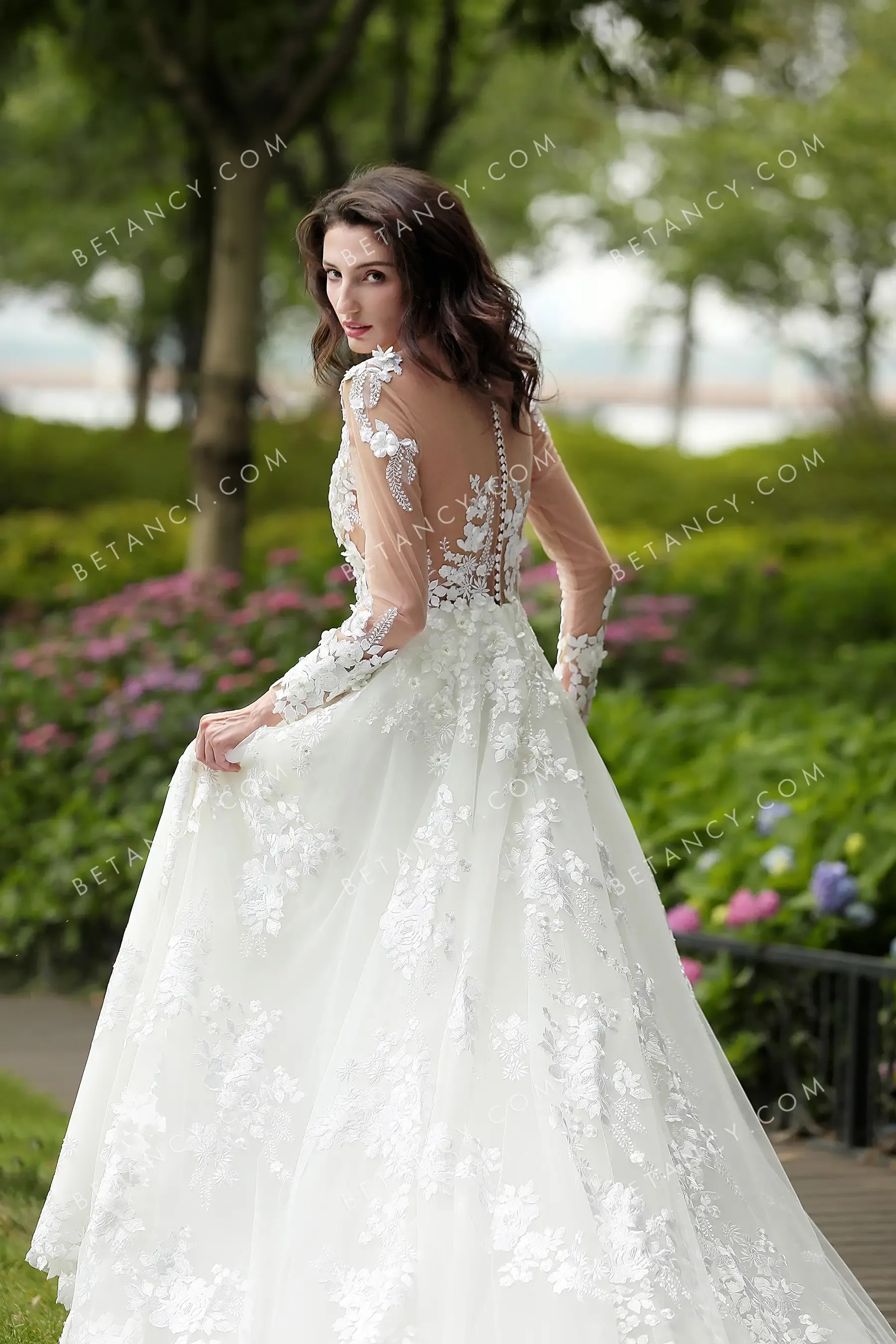 Illusion 3D Lace Flowers Luxuriant Wedding Ball Gown