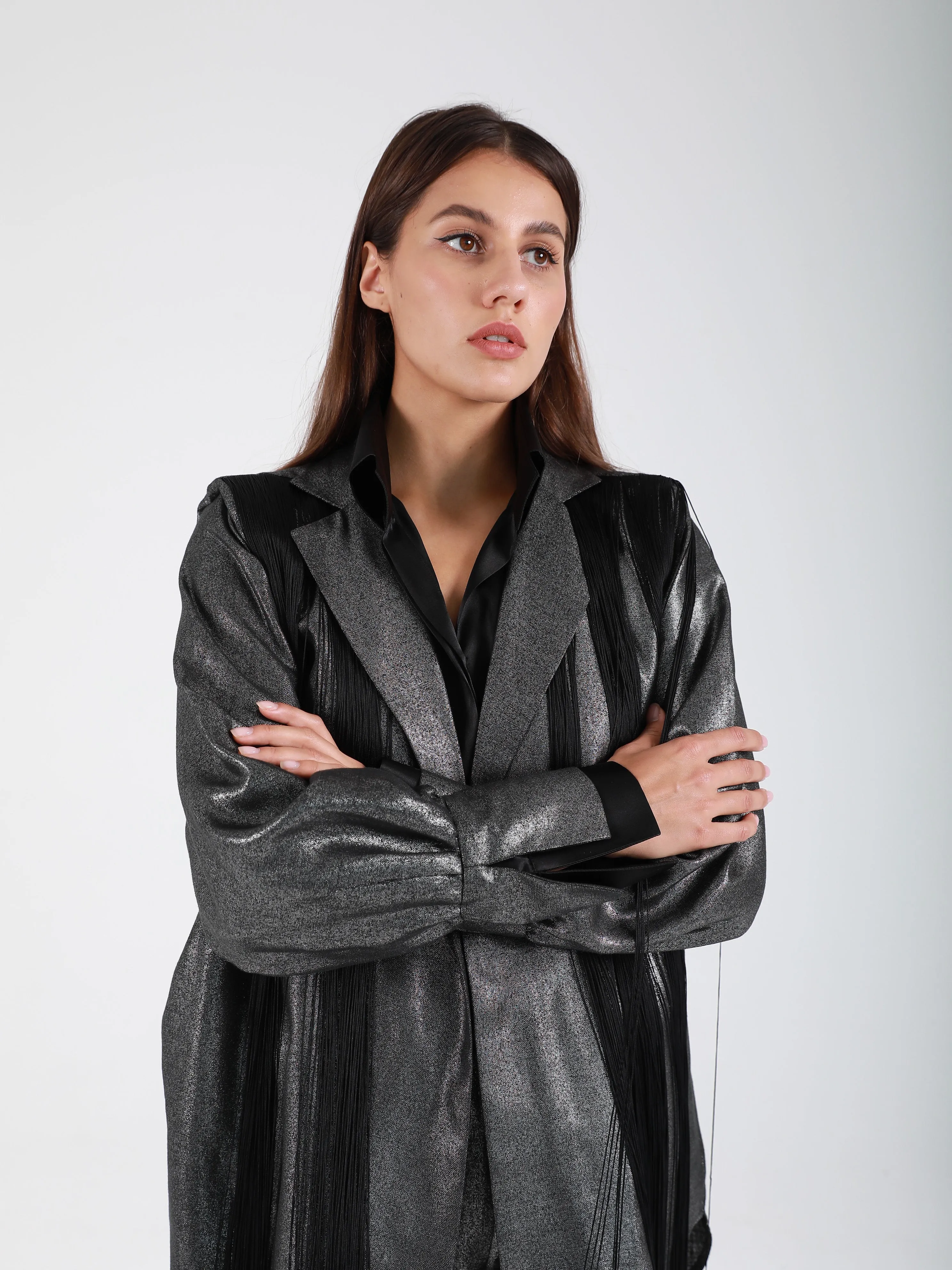 Kinetic Fringed Oversized Blazer - Silver
