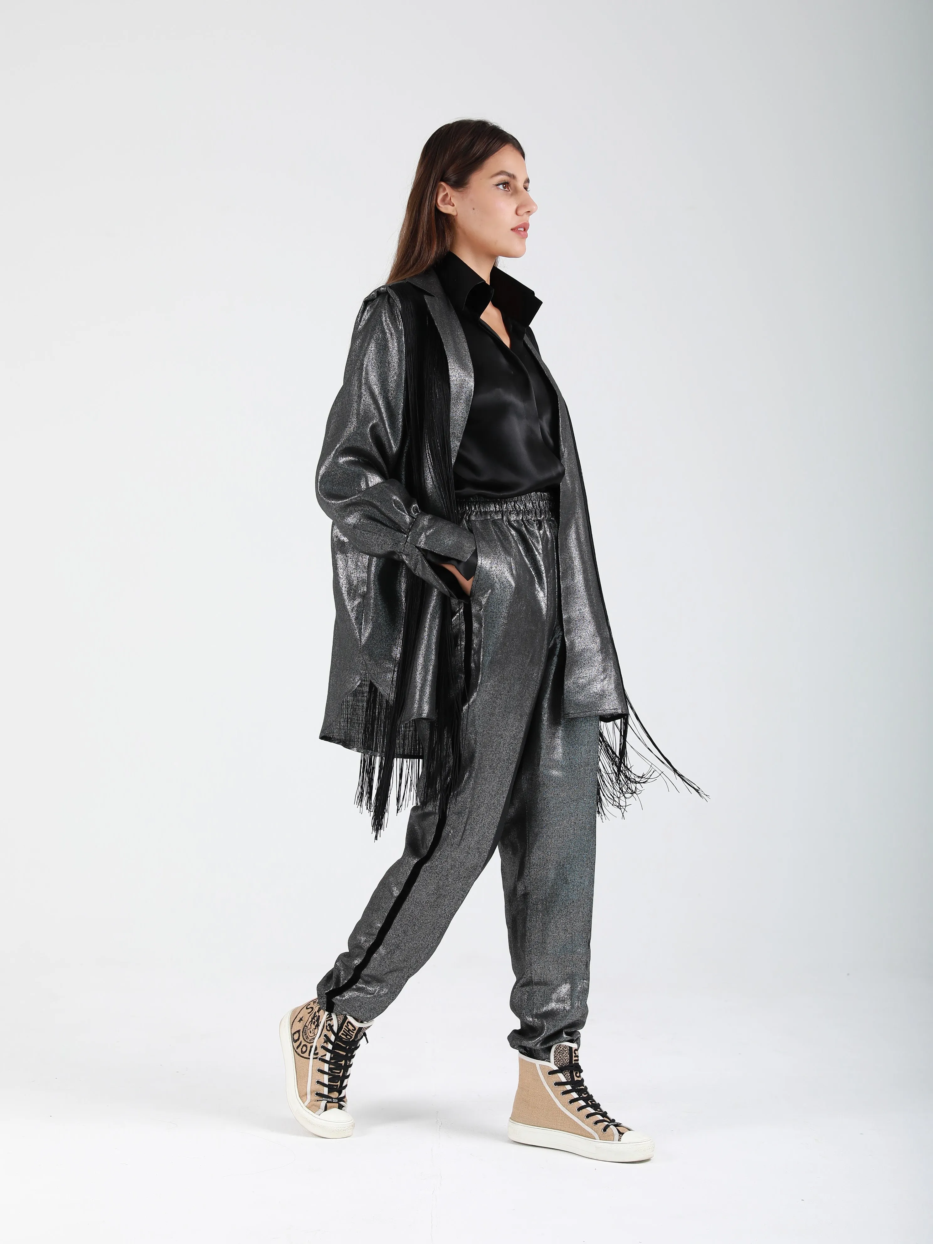 Kinetic Fringed Oversized Blazer - Silver