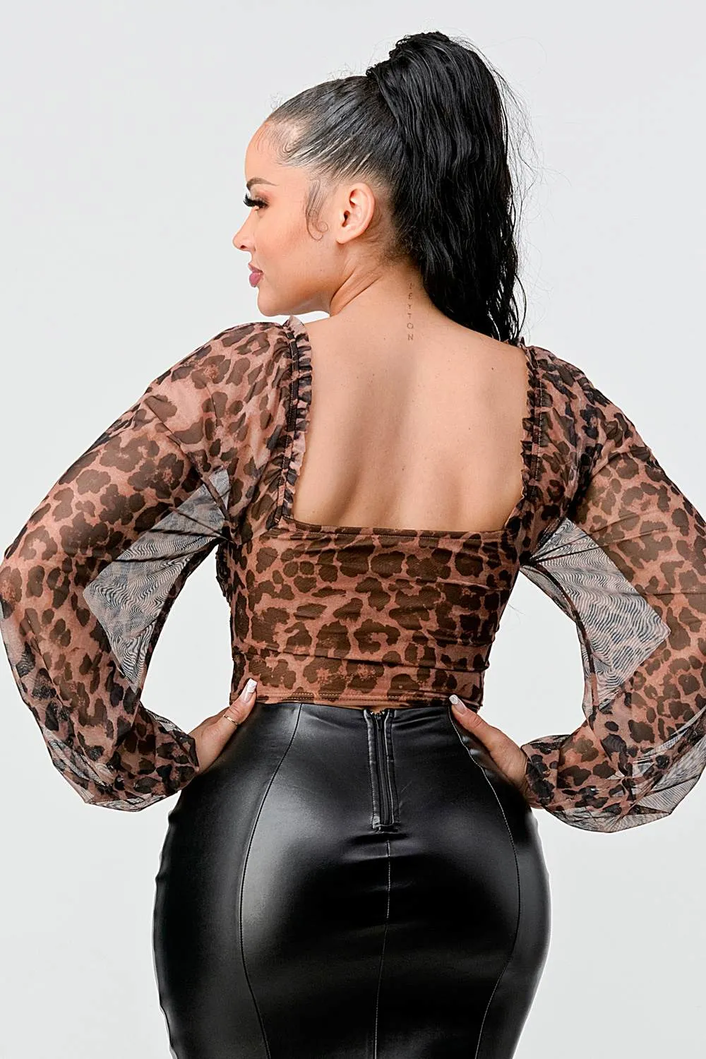 LUX LEOPARD MESH SWEETHEART RUCHED TOP