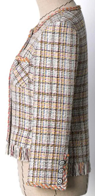 Multi Colored Braided-Trim Fringed Tweed Jacket