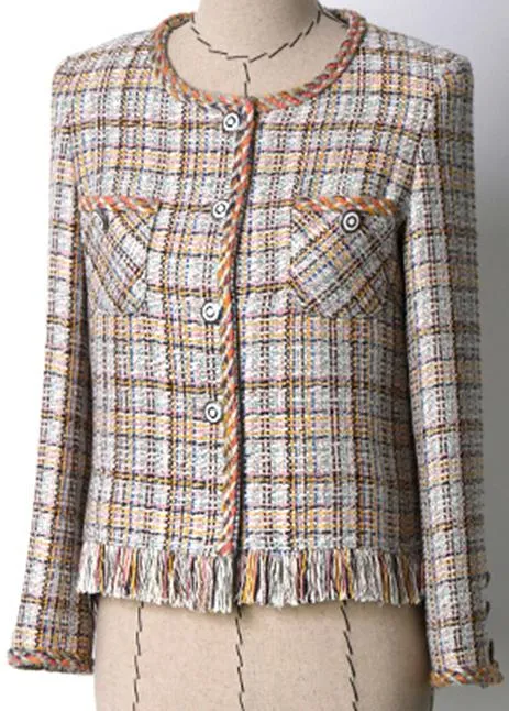 Multi Colored Braided-Trim Fringed Tweed Jacket
