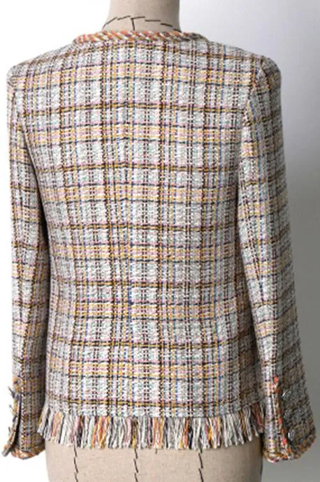 Multi Colored Braided-Trim Fringed Tweed Jacket