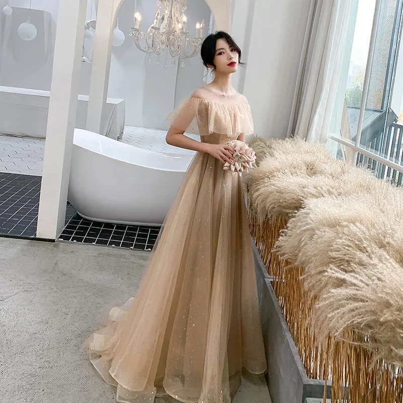 Off Shoulder A Line Tulle Prom Dress Shiny Khaki Formal Party Dress 670