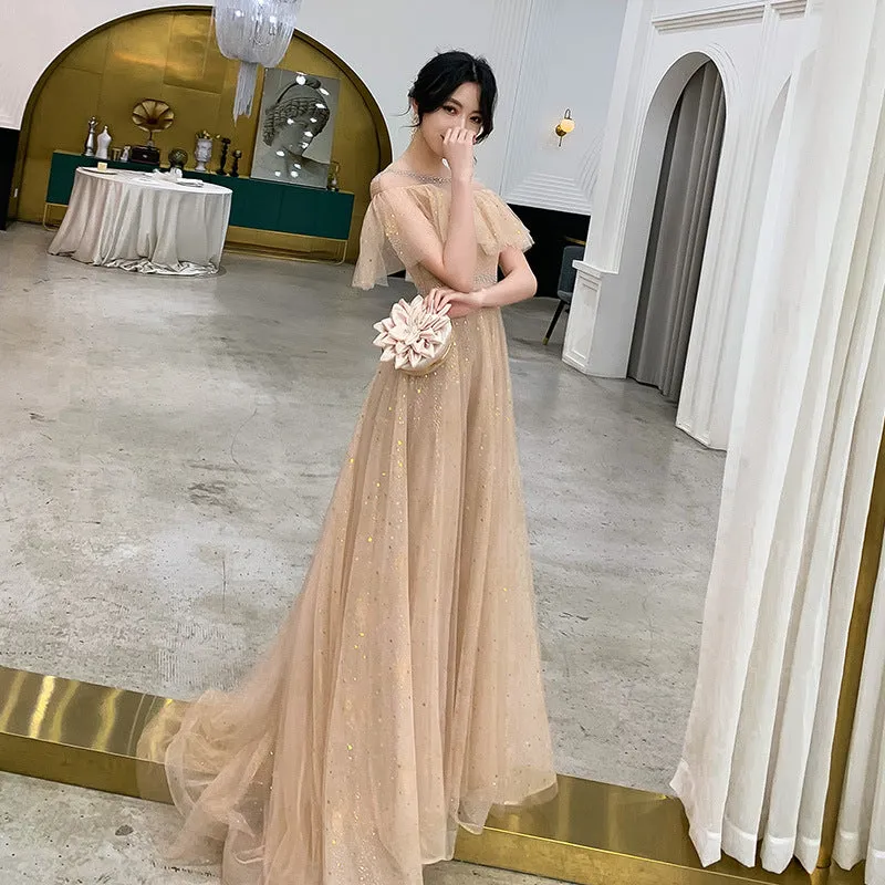 Off Shoulder A Line Tulle Prom Dress Shiny Khaki Formal Party Dress 670