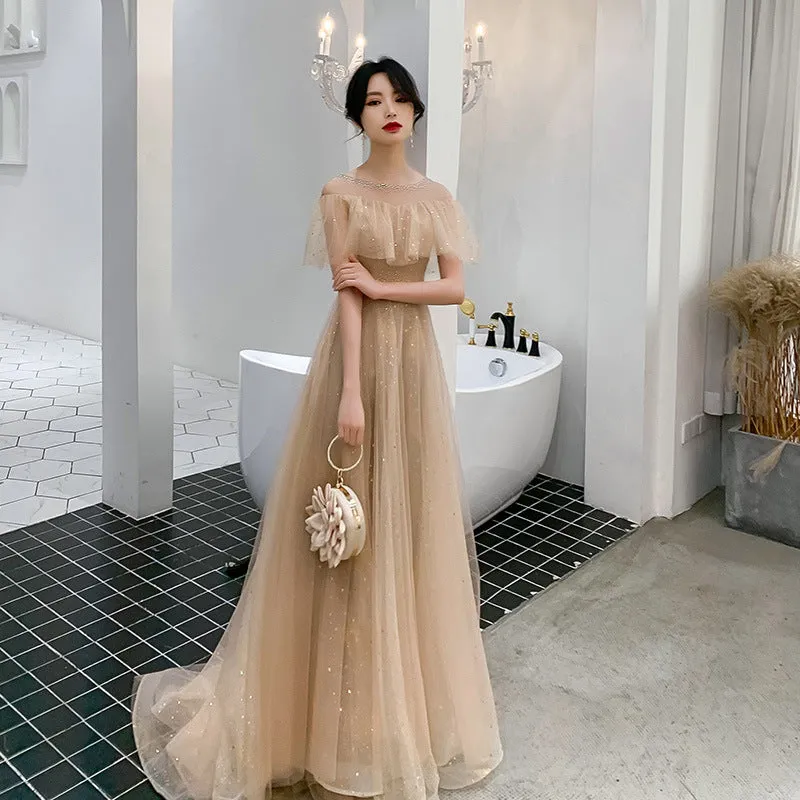 Off Shoulder A Line Tulle Prom Dress Shiny Khaki Formal Party Dress 670