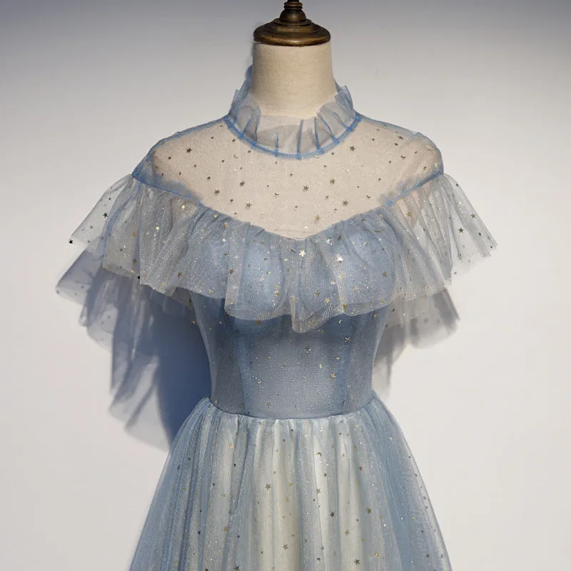 Off  Shoulder A Line Tulle Shiny Prom Dress Blue Formal Evening Gown 225