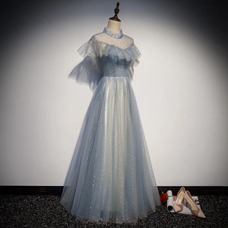 Off  Shoulder A Line Tulle Shiny Prom Dress Blue Formal Evening Gown 225