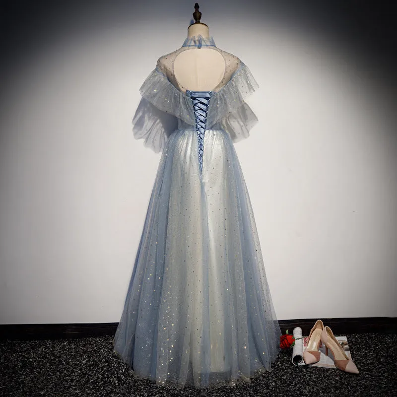 Off  Shoulder A Line Tulle Shiny Prom Dress Blue Formal Evening Gown 225