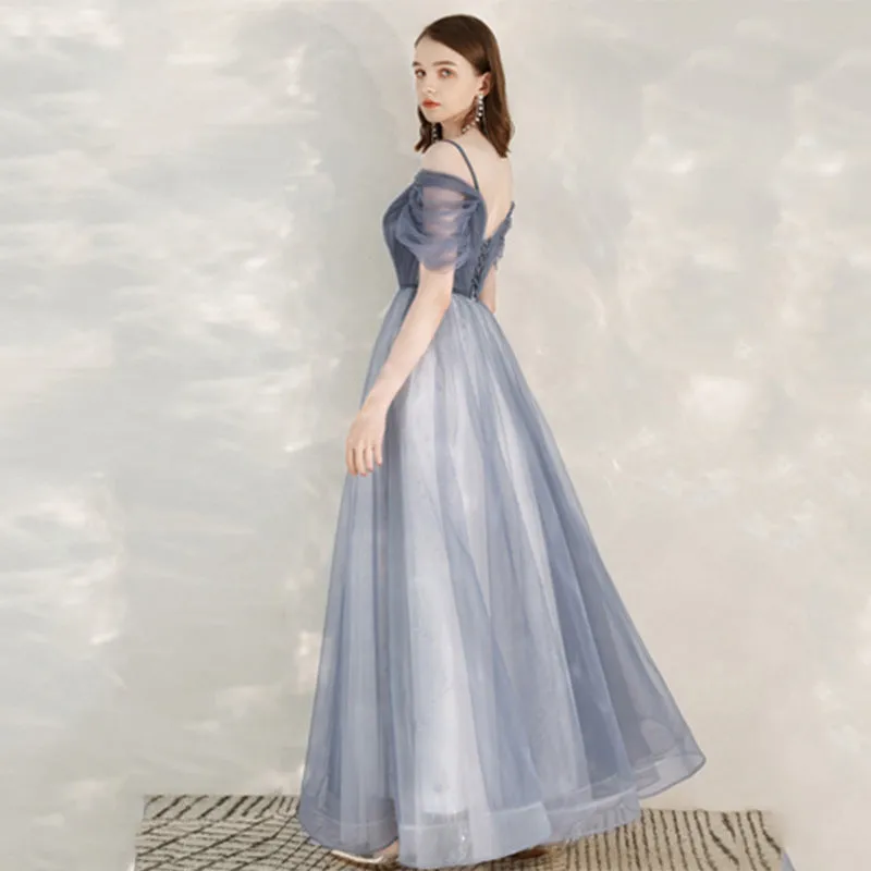Off Shoulder Blue Tulle Prom Dress A Line Birthday Party Gown 709