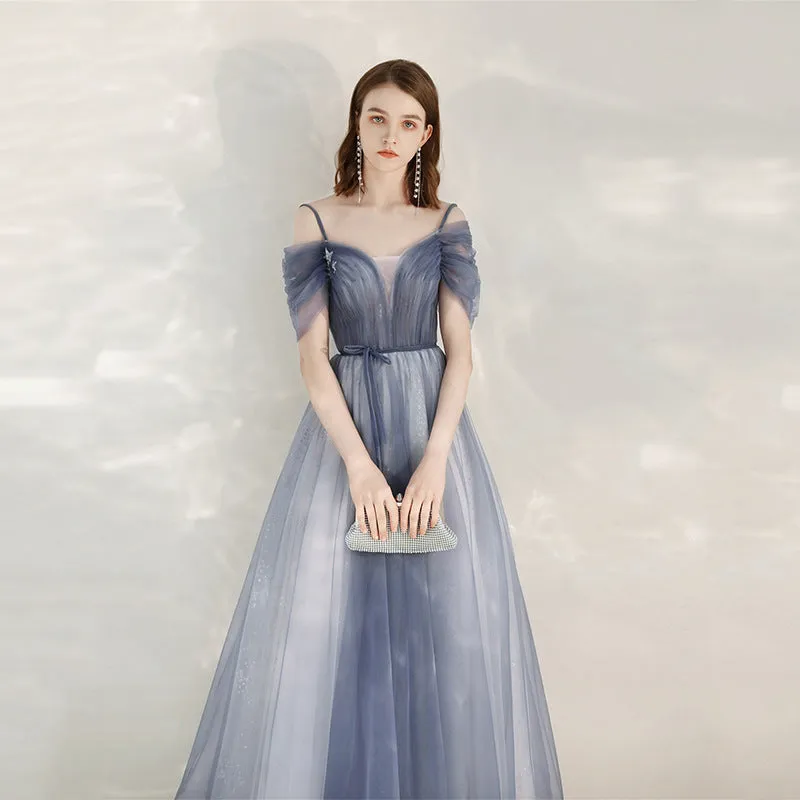 Off Shoulder Blue Tulle Prom Dress A Line Birthday Party Gown 709
