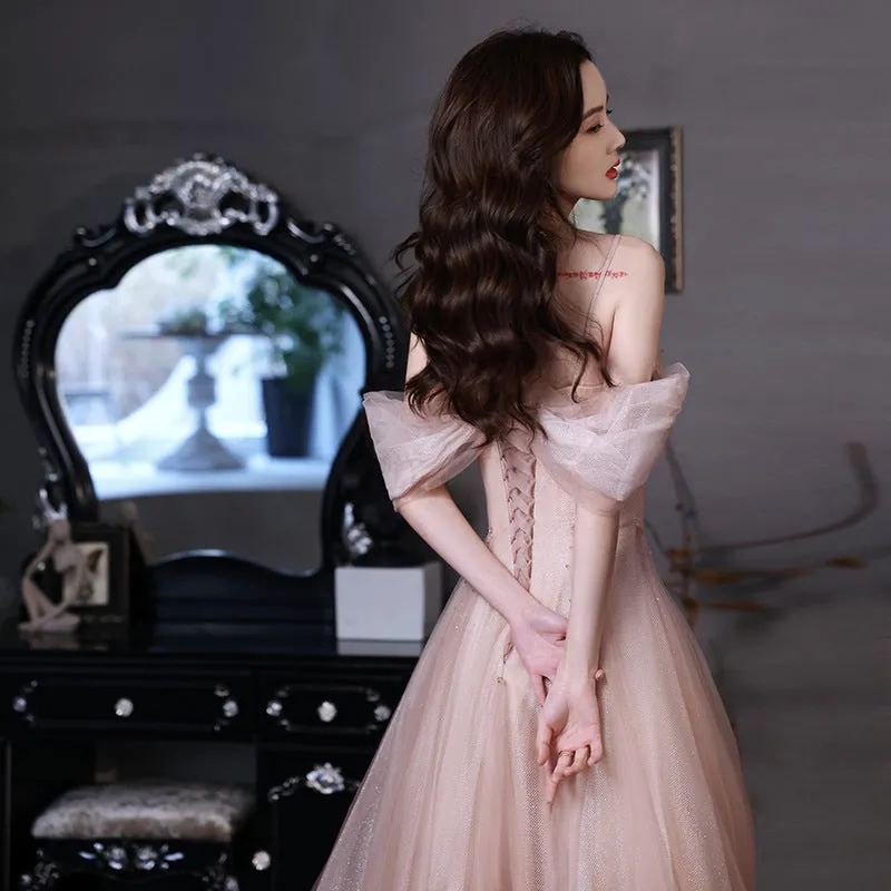 Off Shoulder Pink Fairy Prom Dress Sweet Party Gown A Line Formal Dress 593