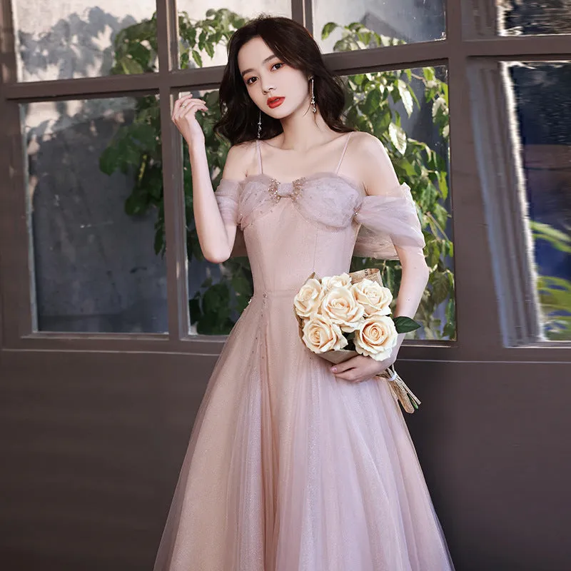 Off Shoulder Pink Fairy Prom Dress Sweet Party Gown A Line Formal Dress 593