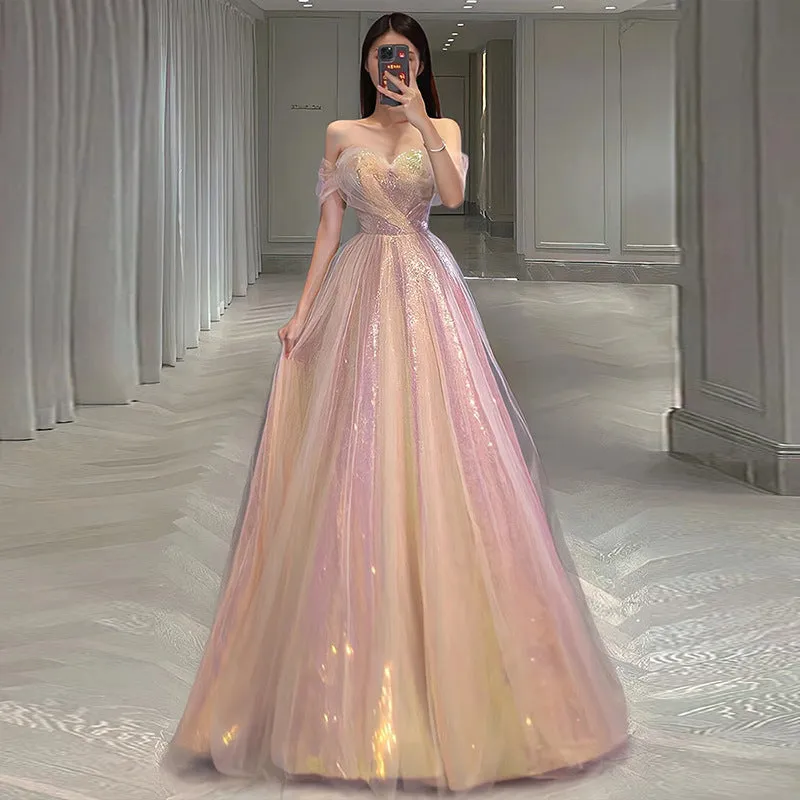 Off  Shoulder Pink Sparkly Long Prom Dress Bling Bling Evening Dress 168