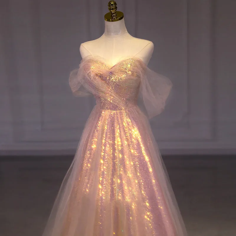 Off  Shoulder Pink Sparkly Long Prom Dress Bling Bling Evening Dress 168