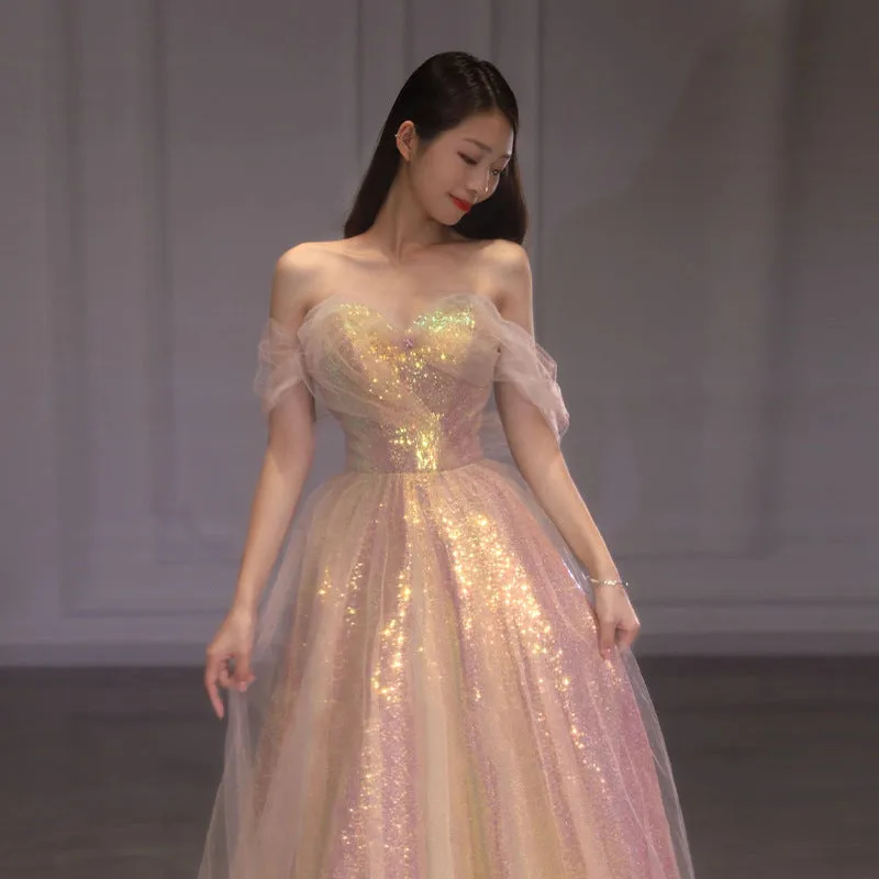 Off  Shoulder Pink Sparkly Long Prom Dress Bling Bling Evening Dress 168
