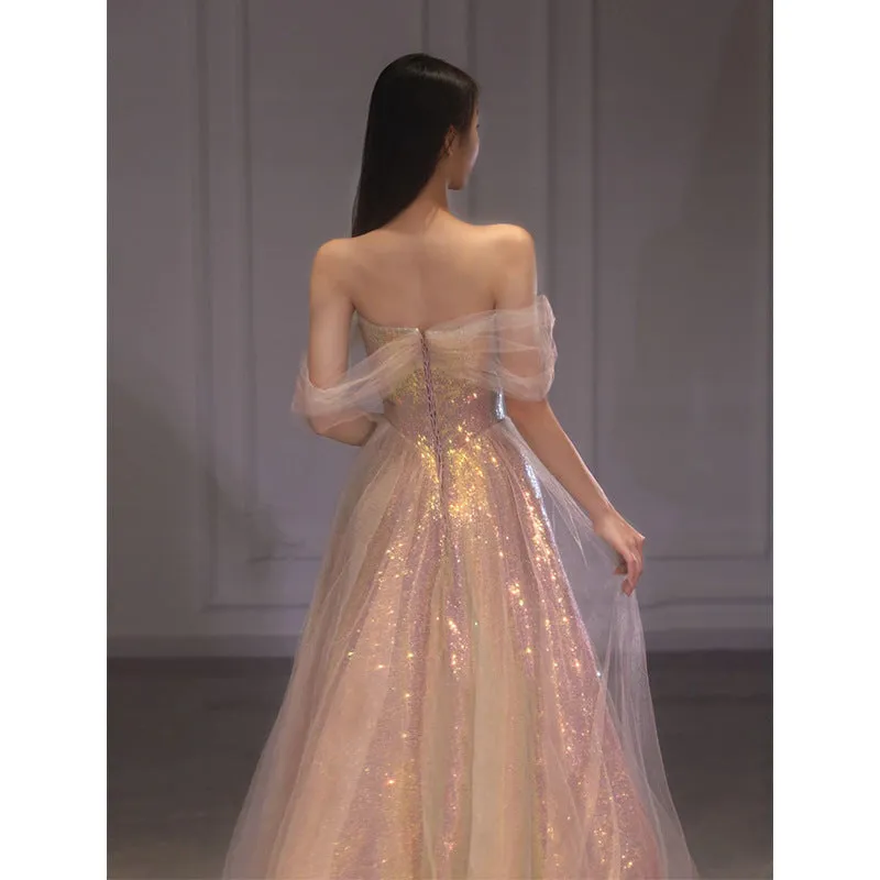 Off  Shoulder Pink Sparkly Long Prom Dress Bling Bling Evening Dress 168