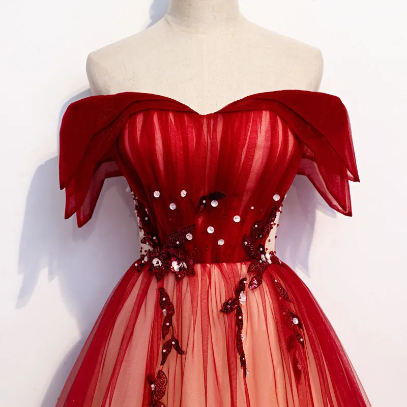 Off Shoulder White Tulle Prom Dress Red A Line Evening Party Gown 597