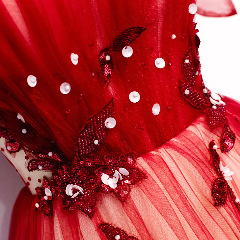 Off Shoulder White Tulle Prom Dress Red A Line Evening Party Gown 597
