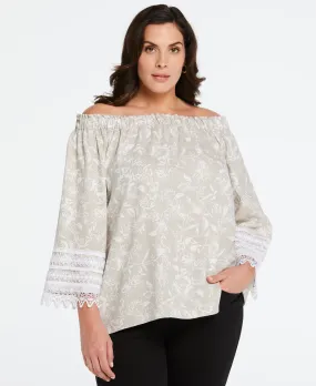 Plus Size Linen Blend Peasant Top with Lace Sleeve