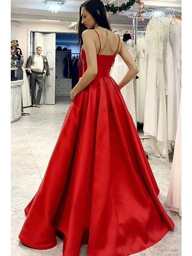 Prom Dresses Minimalist Dress Formal Floor Length Sleeveless V Neck Pocket Satin with Pleats
