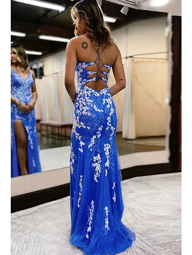 Prom Dresses Sexy Dress Formal  Sleeveless V Neck Tulle Backless with Slit Appliques