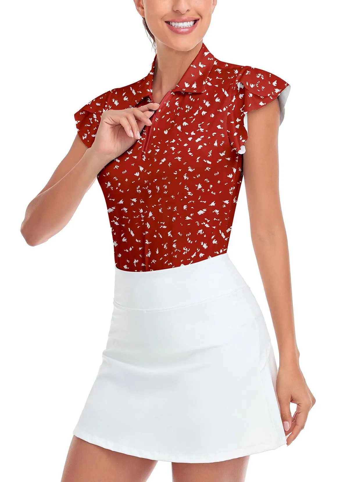 Red Petal Sleeve Shirts Short Sleeve  Polo for Ladies