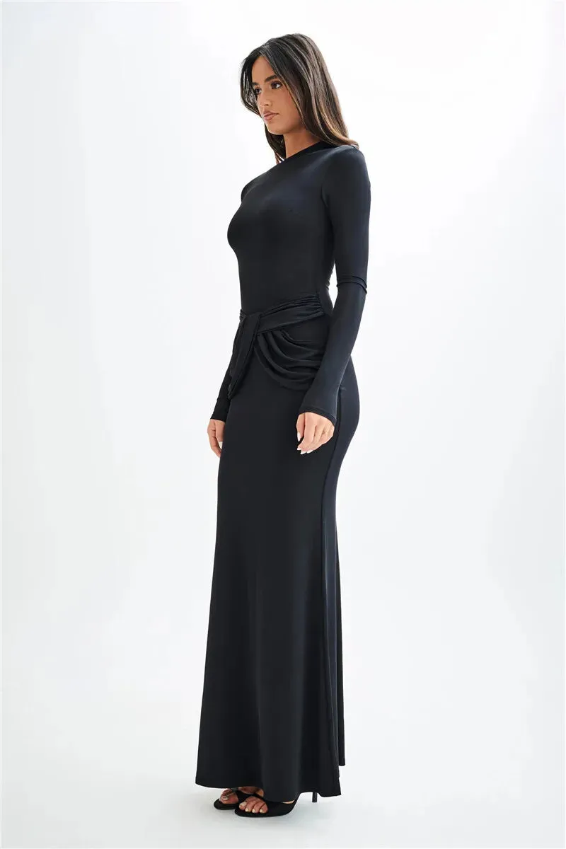Sleek Diagonal Collar Maxi Dress for Formal Wear