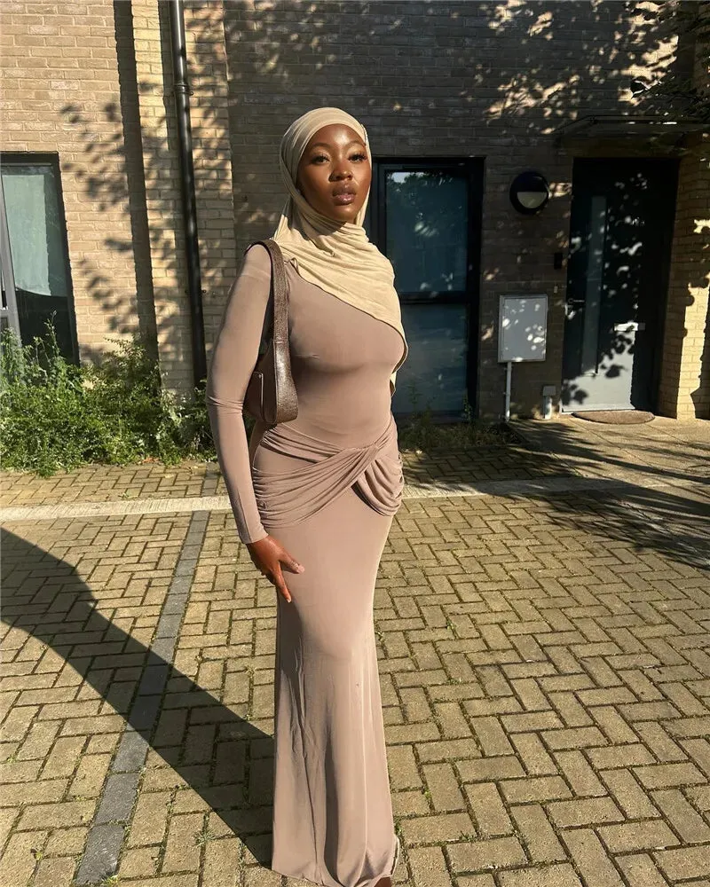 Sleek Diagonal Collar Maxi Dress for Formal Wear